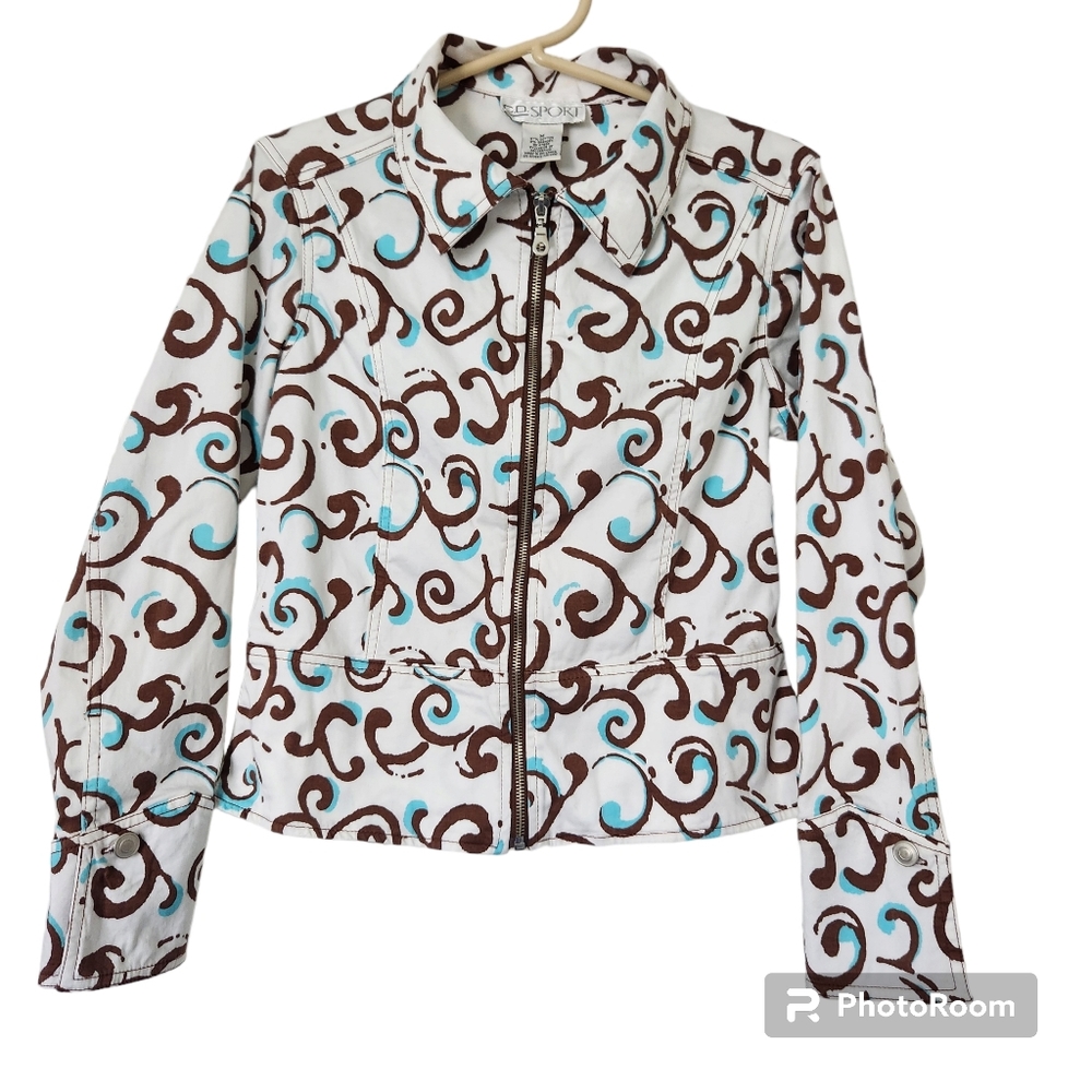 C.D.Sport Y2K Vibe Ivory, Chocolate & Turquoise Cropped Tailored Print Jacket M